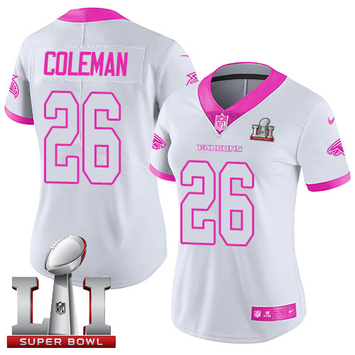 Nike Falcons #26 Tevin Coleman White/Pink Super Bowl LI 51 Women's Stitched NFL Limited Rush Fashion Jersey - Click Image to Close